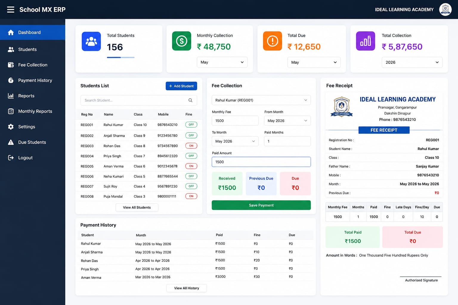 School MX ERP Dashboard